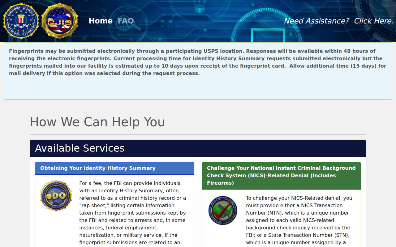 FBI EDO identity history request portal